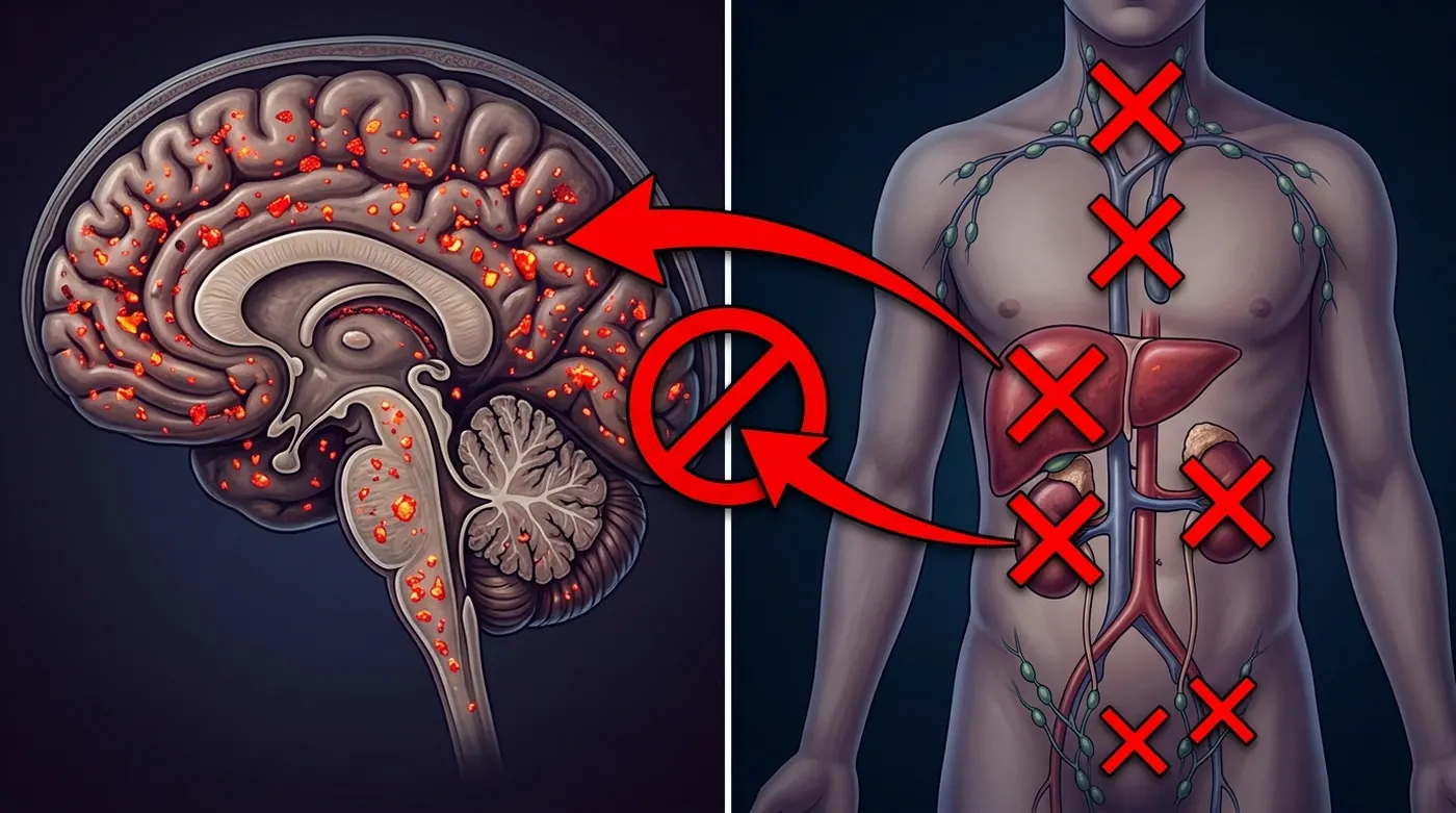 Diagram showing the body's detox organs unable to break down microplastic particles trapped in brain tissue
