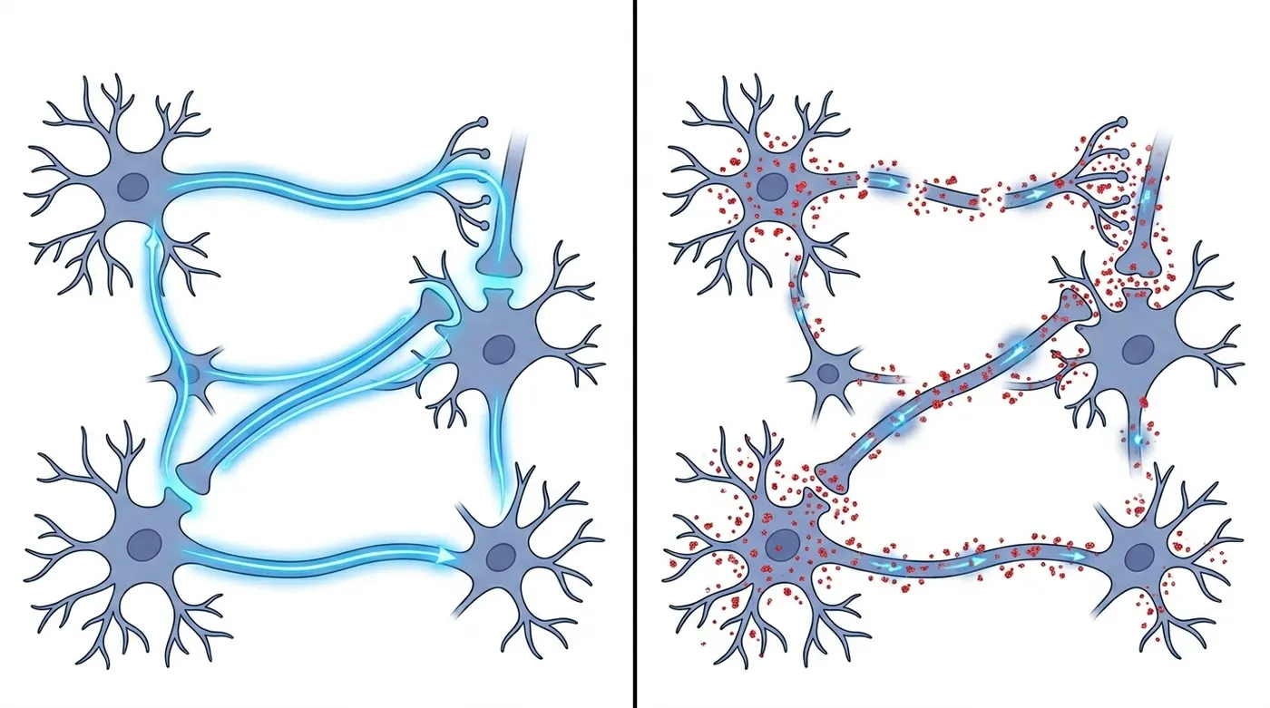 Split-screen diagram: healthy brain signals vs disrupted signals from microplastic interference