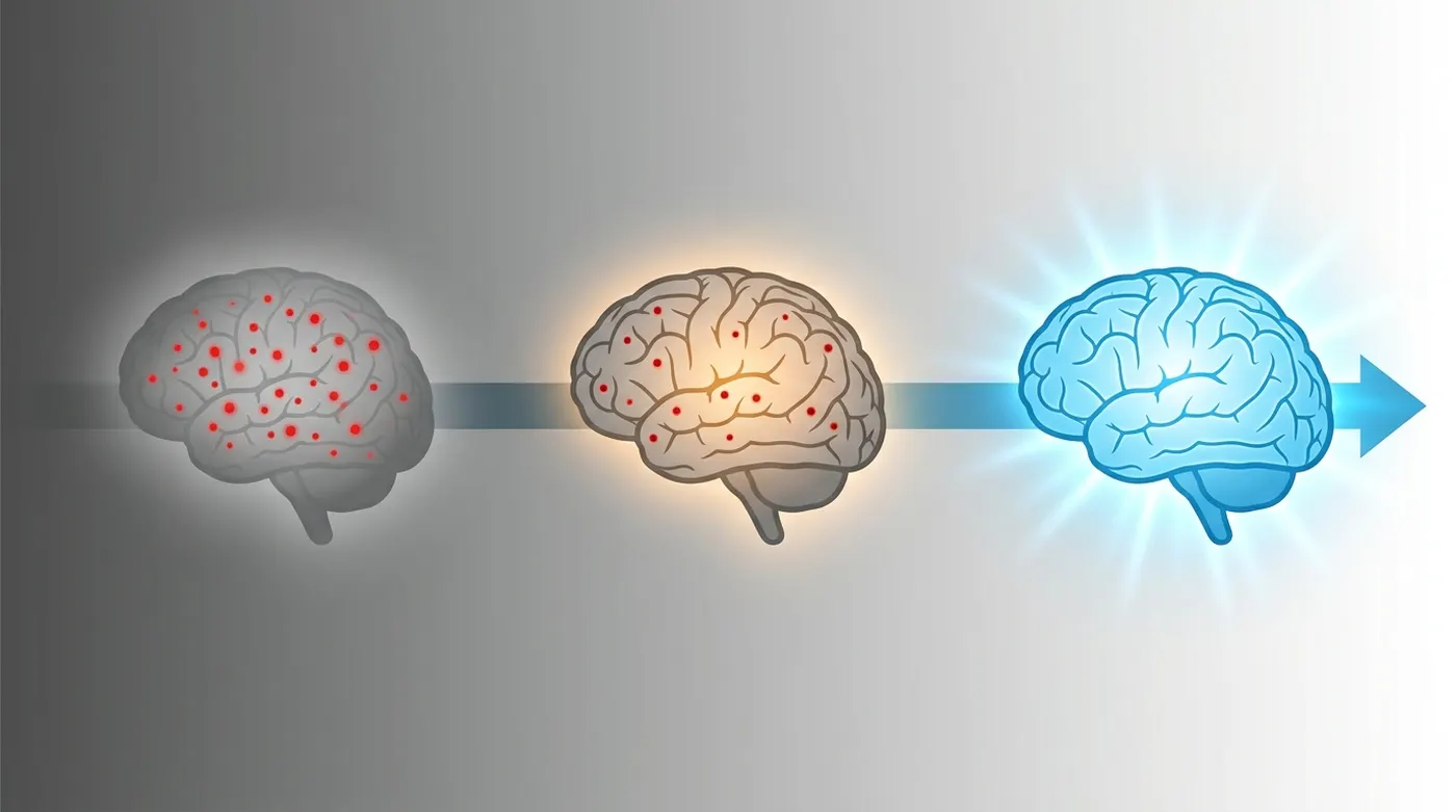 Timeline showing brain recovery: week 1-2 subtle shifts, week 4-5 fog lifting, week 8+ mental clarity restored