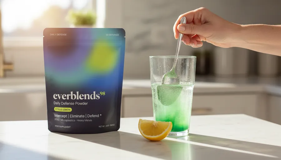 Everblends98 Protocol 98 powder being mixed into a glass of water