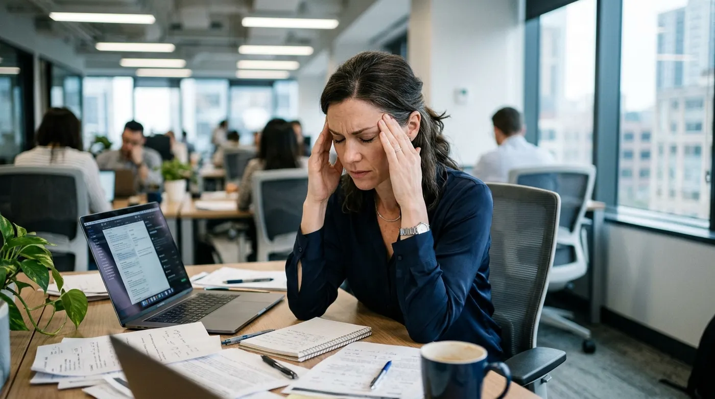 Woman struggling with brain fog and lost focus at her desk