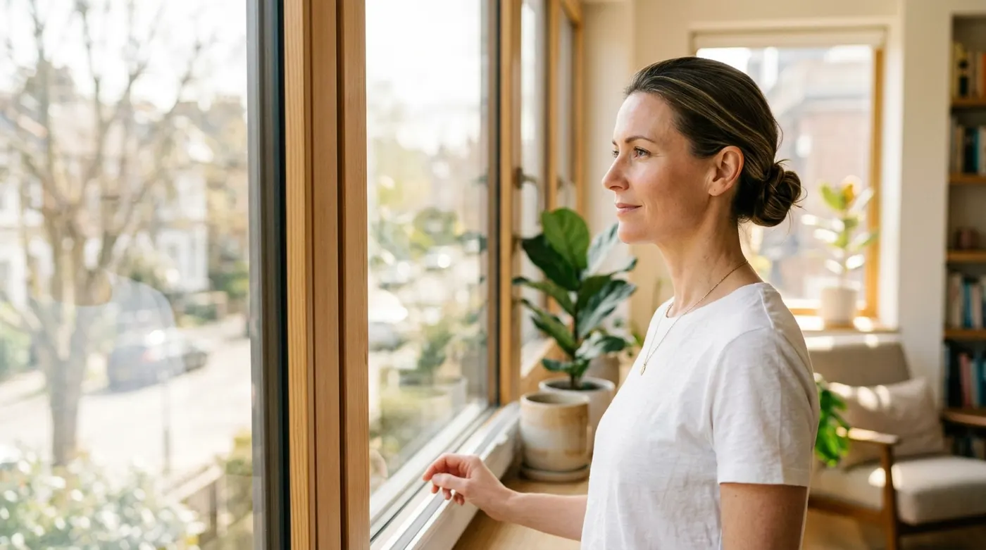 Woman experiencing mental clarity, looking confident and focused