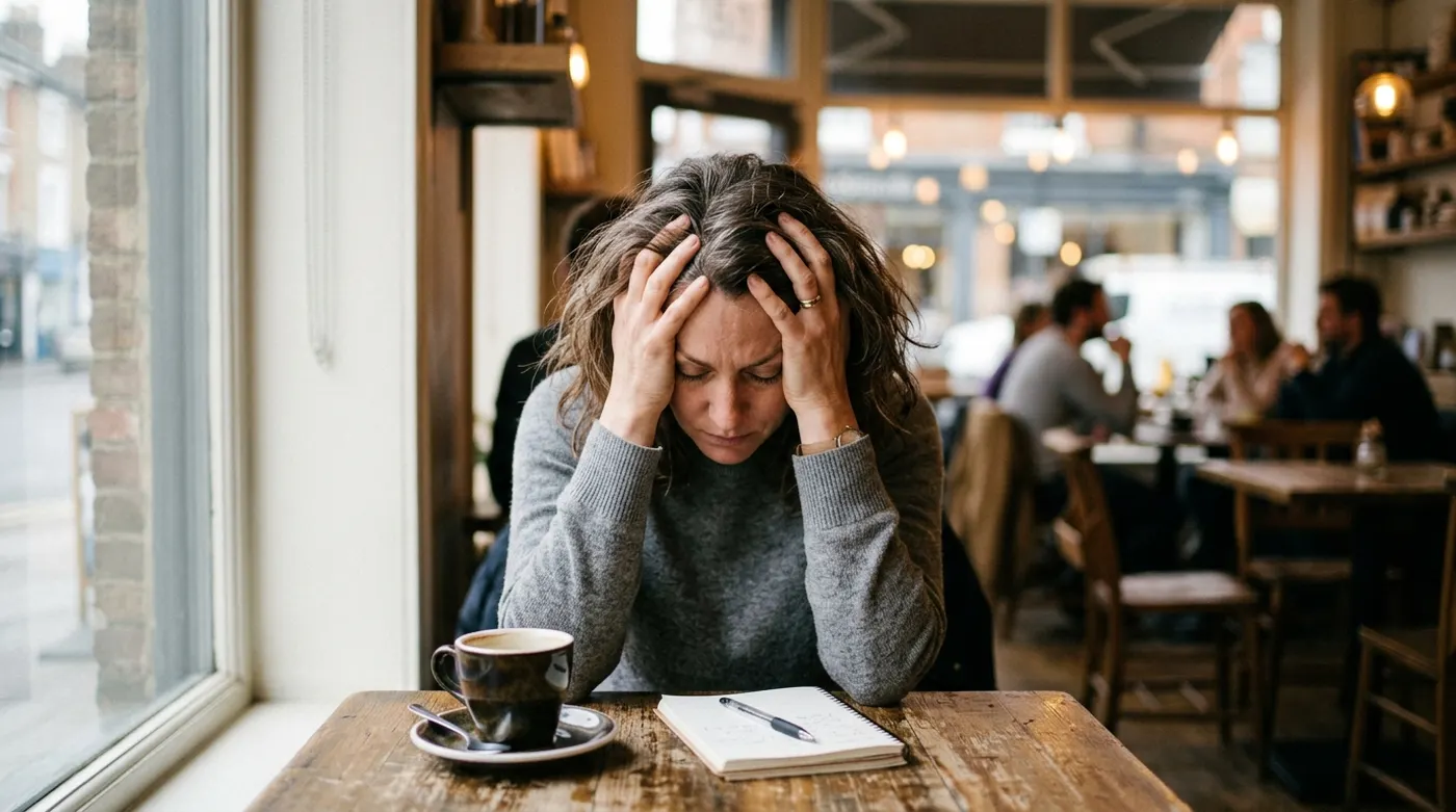 Woman overwhelmed, holding her head in worry