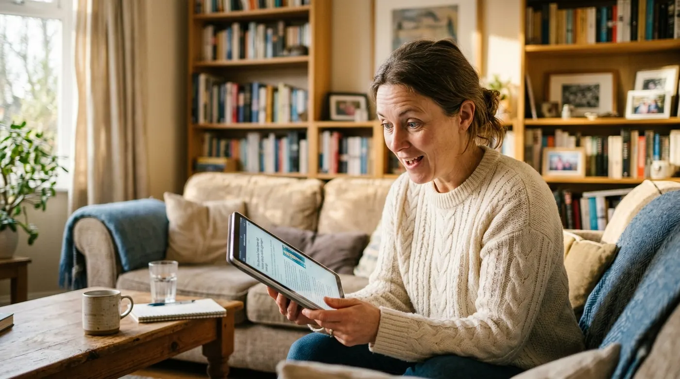 Woman reading research, moment of realization