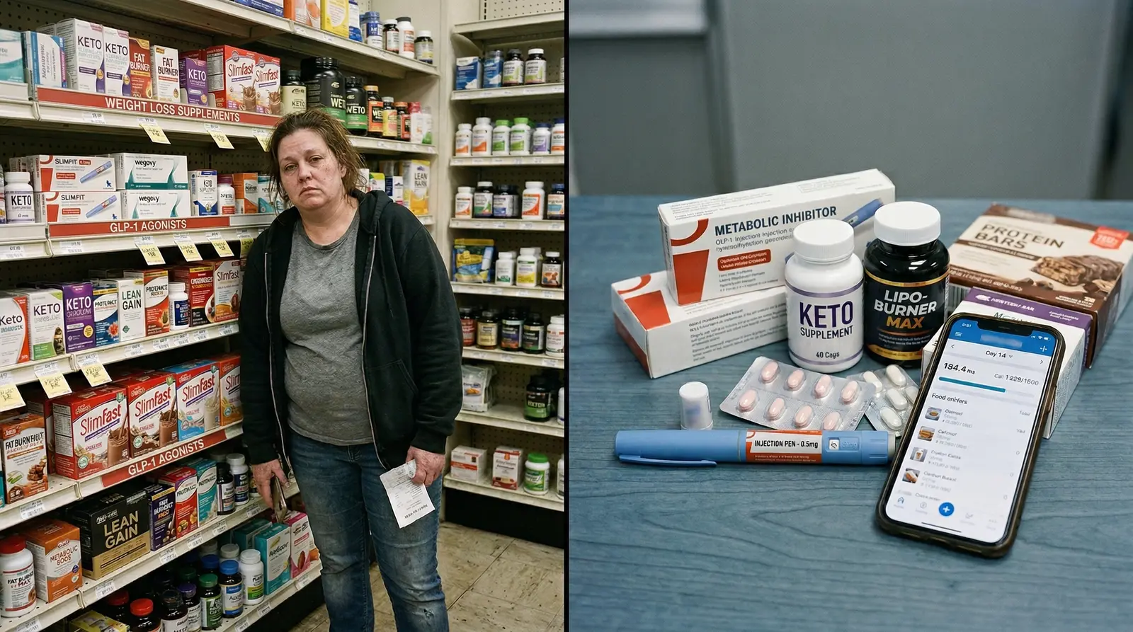 Overweight woman overwhelmed in pharmacy aisle vs pile of diet products — Ozempic, Keto supplements, fat burners
