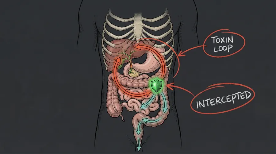 Diagram of the enterohepatic recirculation cycle and how compounds intercept toxins