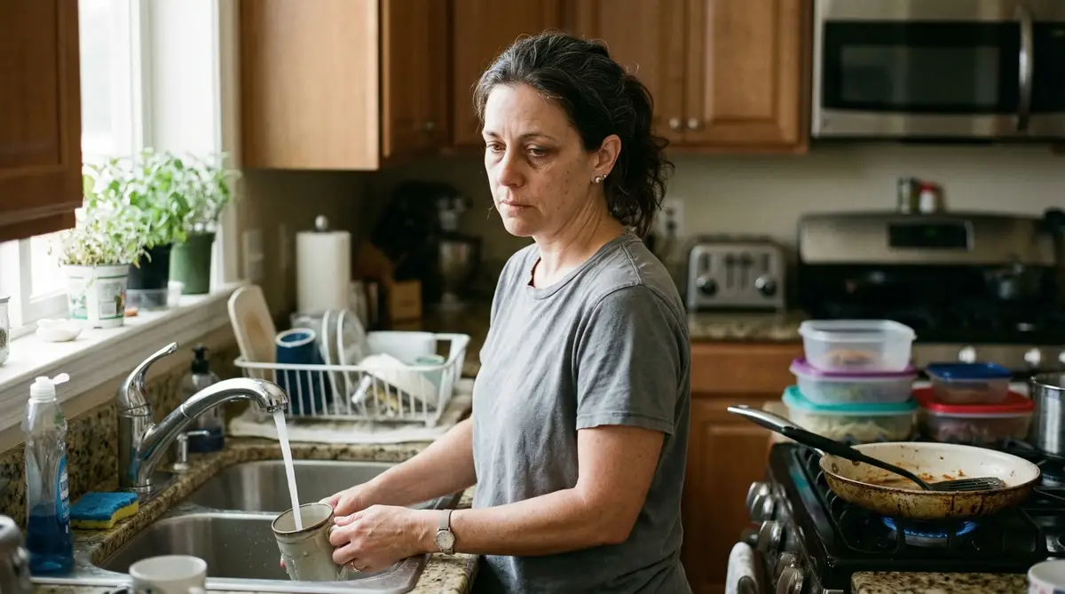 A woman in her kitchen, surrounded by everyday products that contain hidden chemicals