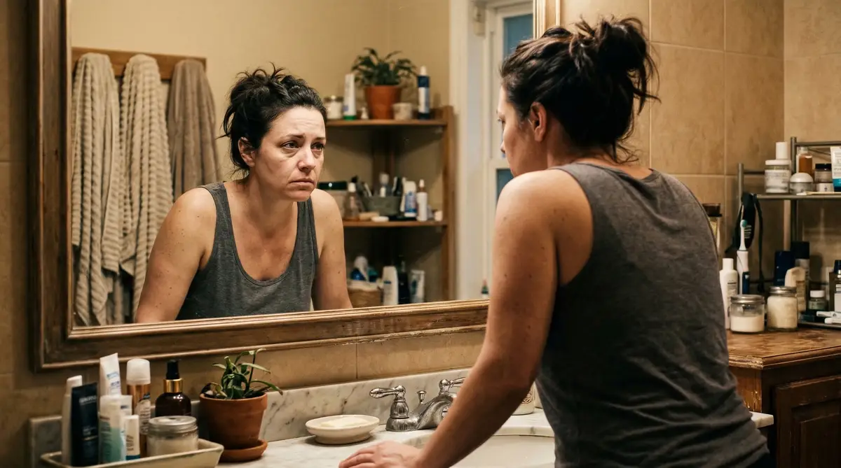 Woman looking at her reflection, contemplating change