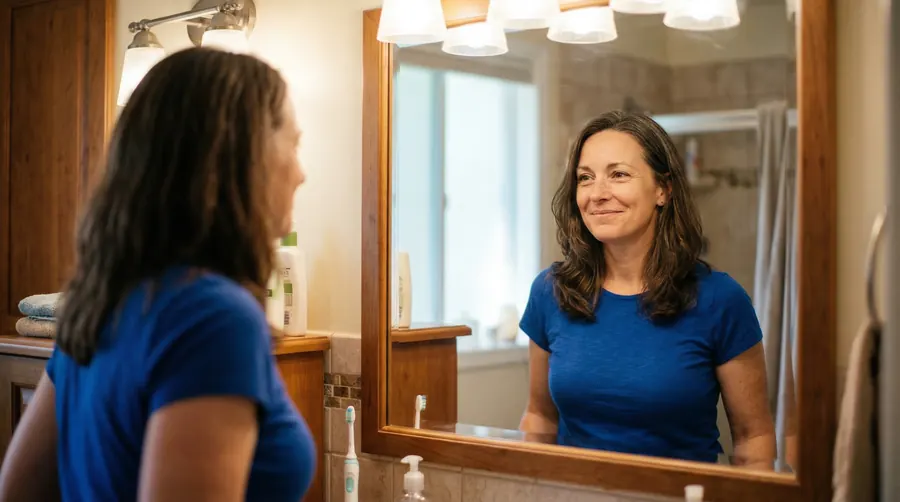 Woman smiling while looking at her reflection, feeling confident