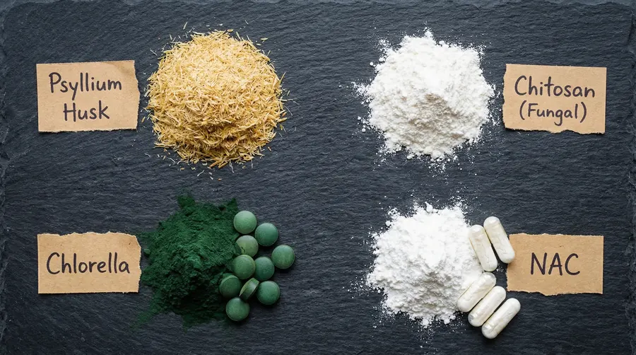 The four key ingredients: Psyllium husk, Fungal chitosan, Chlorella, NAC