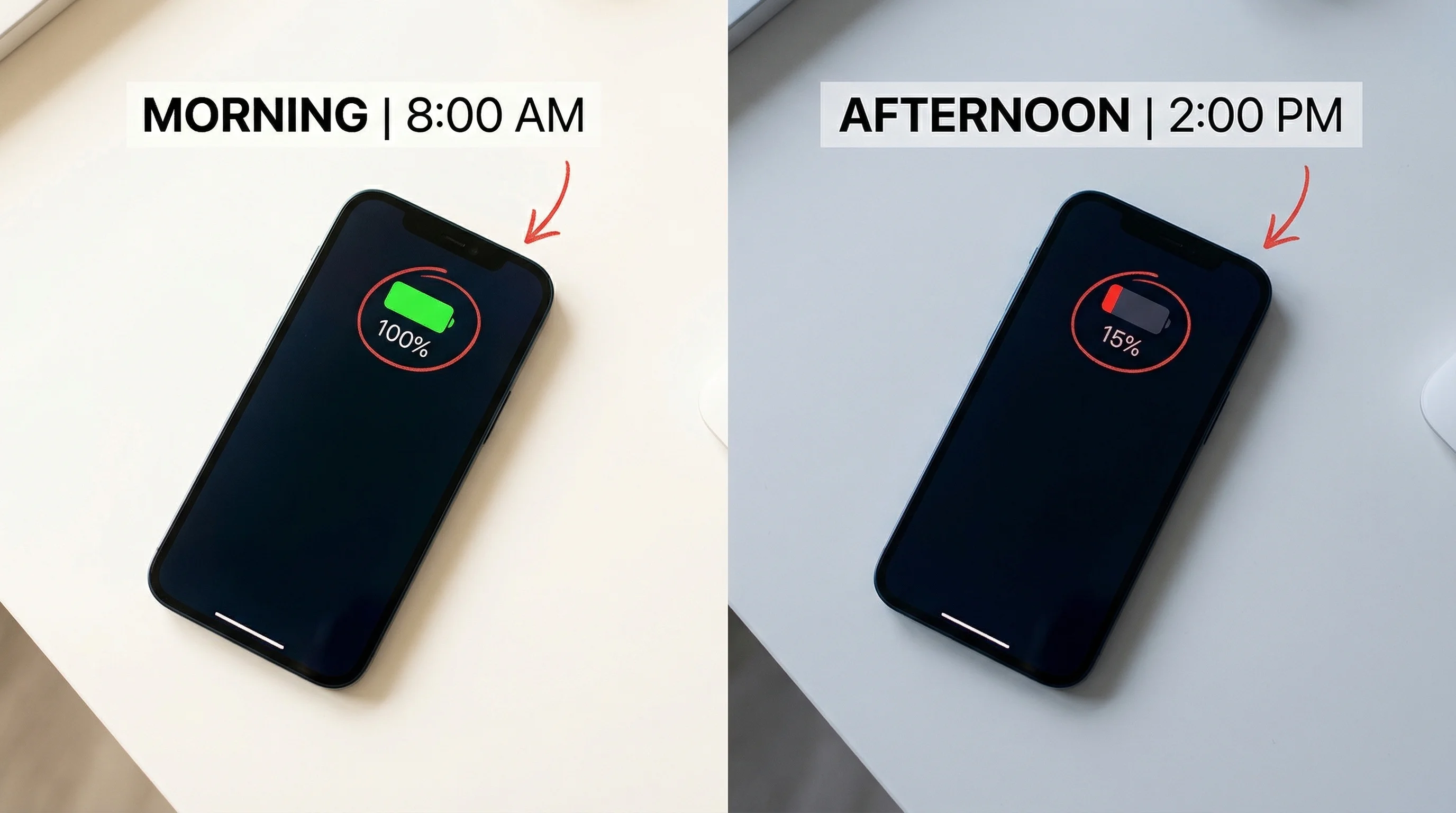 Phone battery degradation analogy — full charge but dying by noon