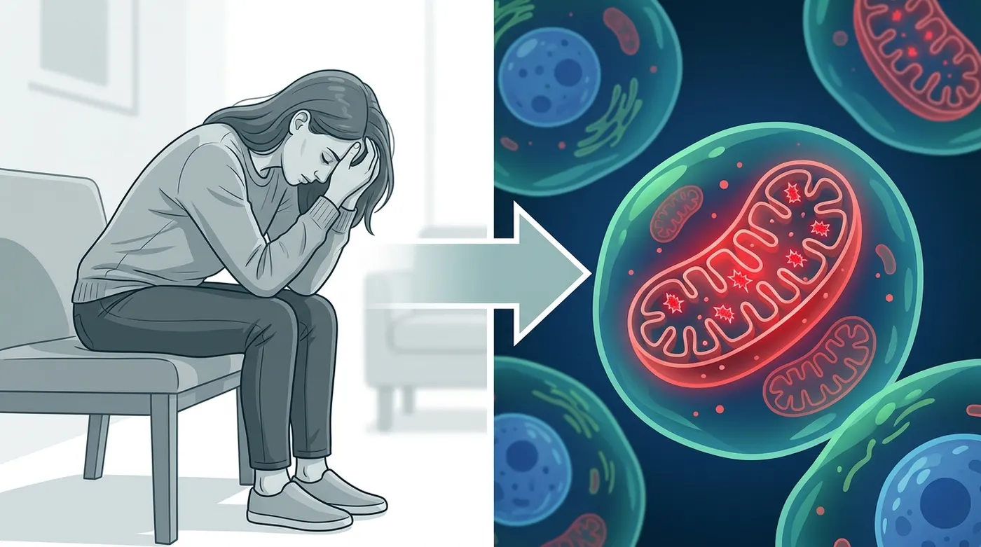 Split-screen: exhausted woman on one side, microscopic view of toxin-laden cells on the other — the symptom vs the cause