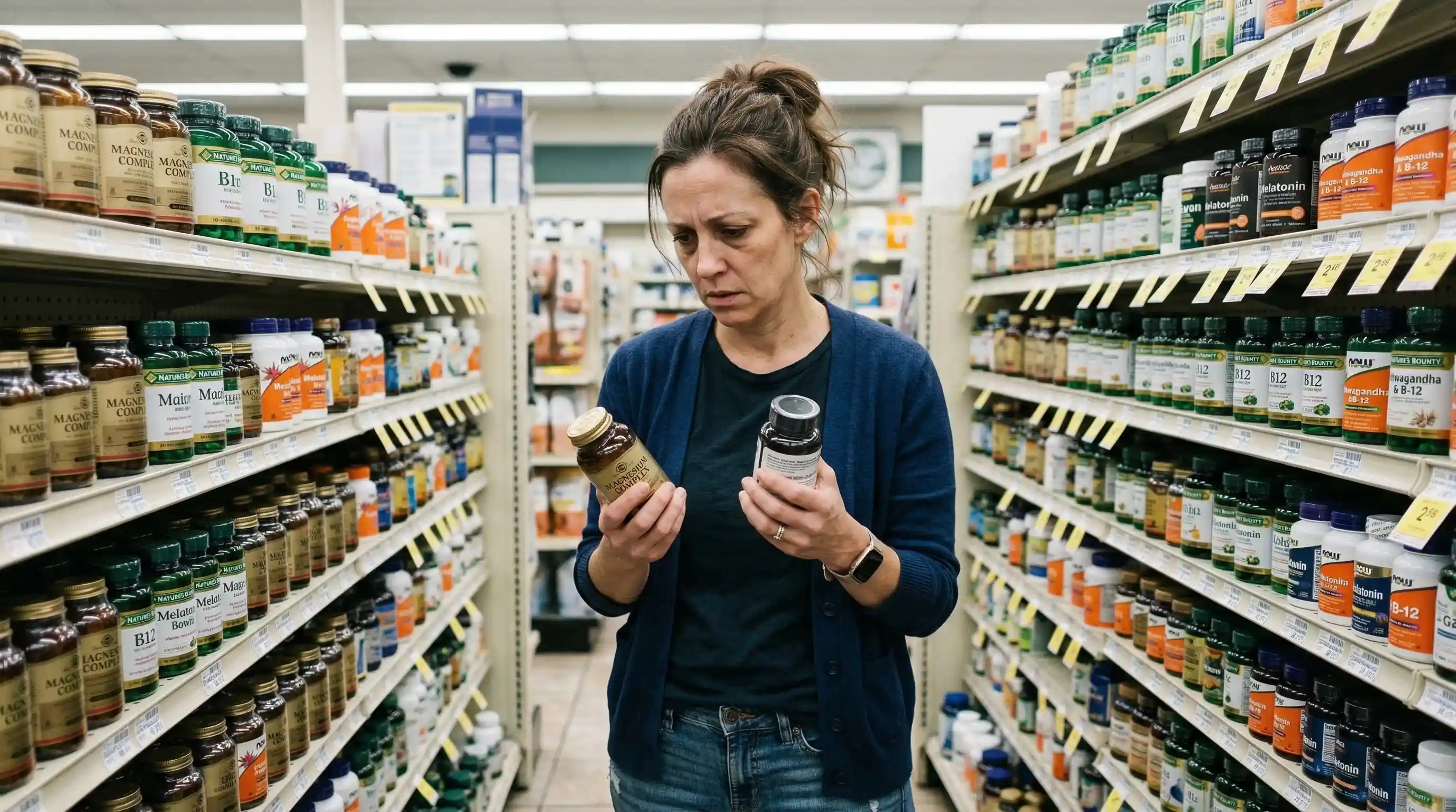 Overwhelmed woman looking at endless supplements on a shelf