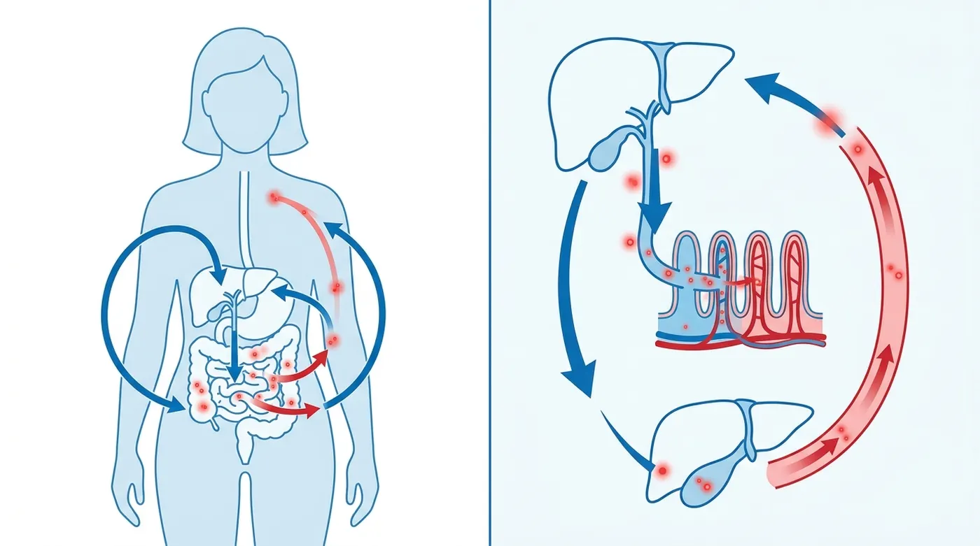 Medical diagram showing the toxin recirculation loop: liver secretes toxins into bile, they travel to intestine, get reabsorbed into bloodstream, and return to organs