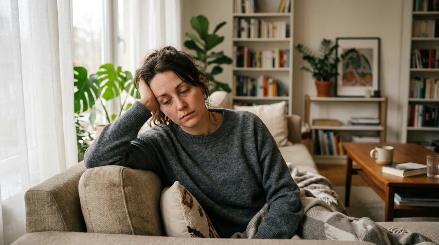 Exhausted woman on the couch, struggling to get through the day