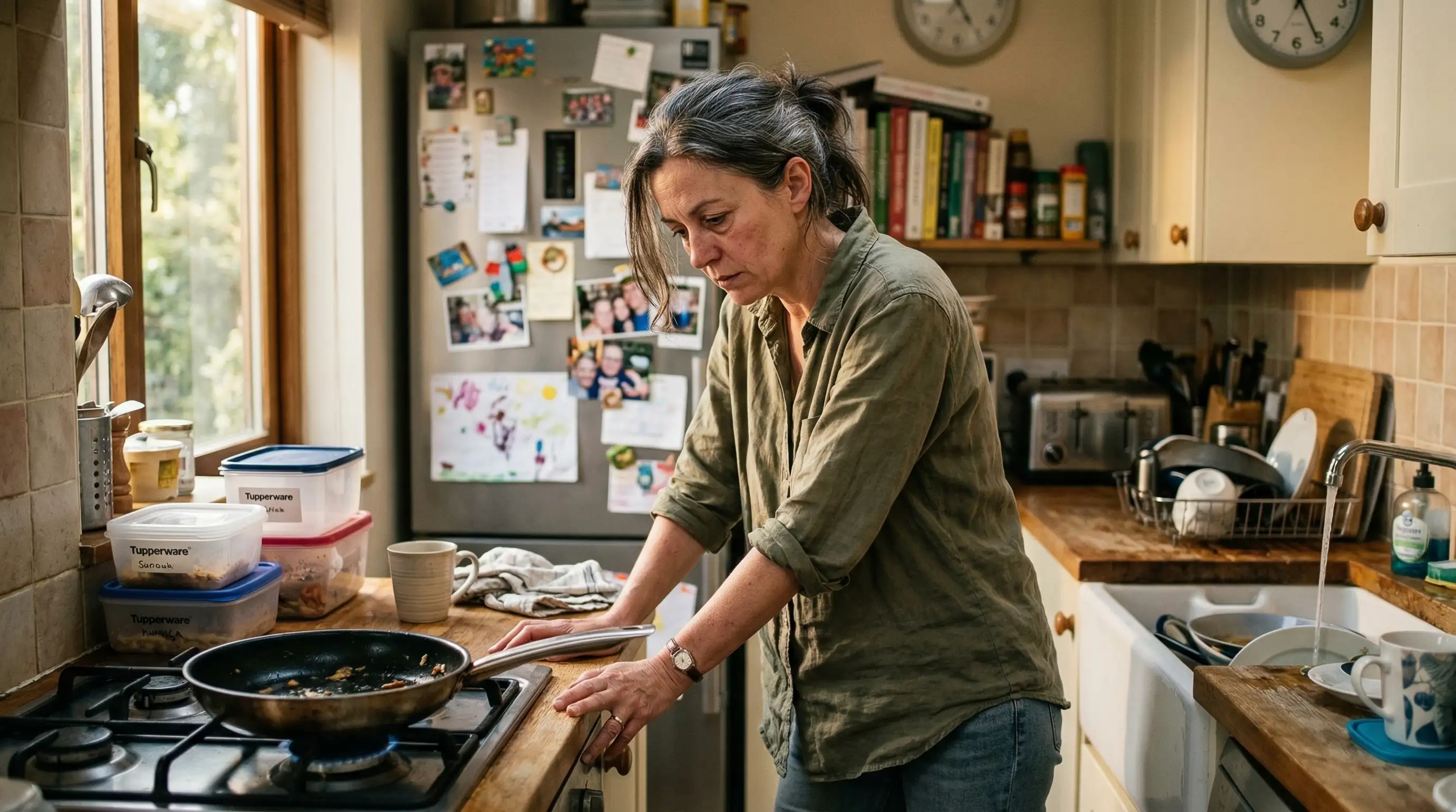 A tired woman in her kitchen, surrounded by everyday products containing hidden chemicals