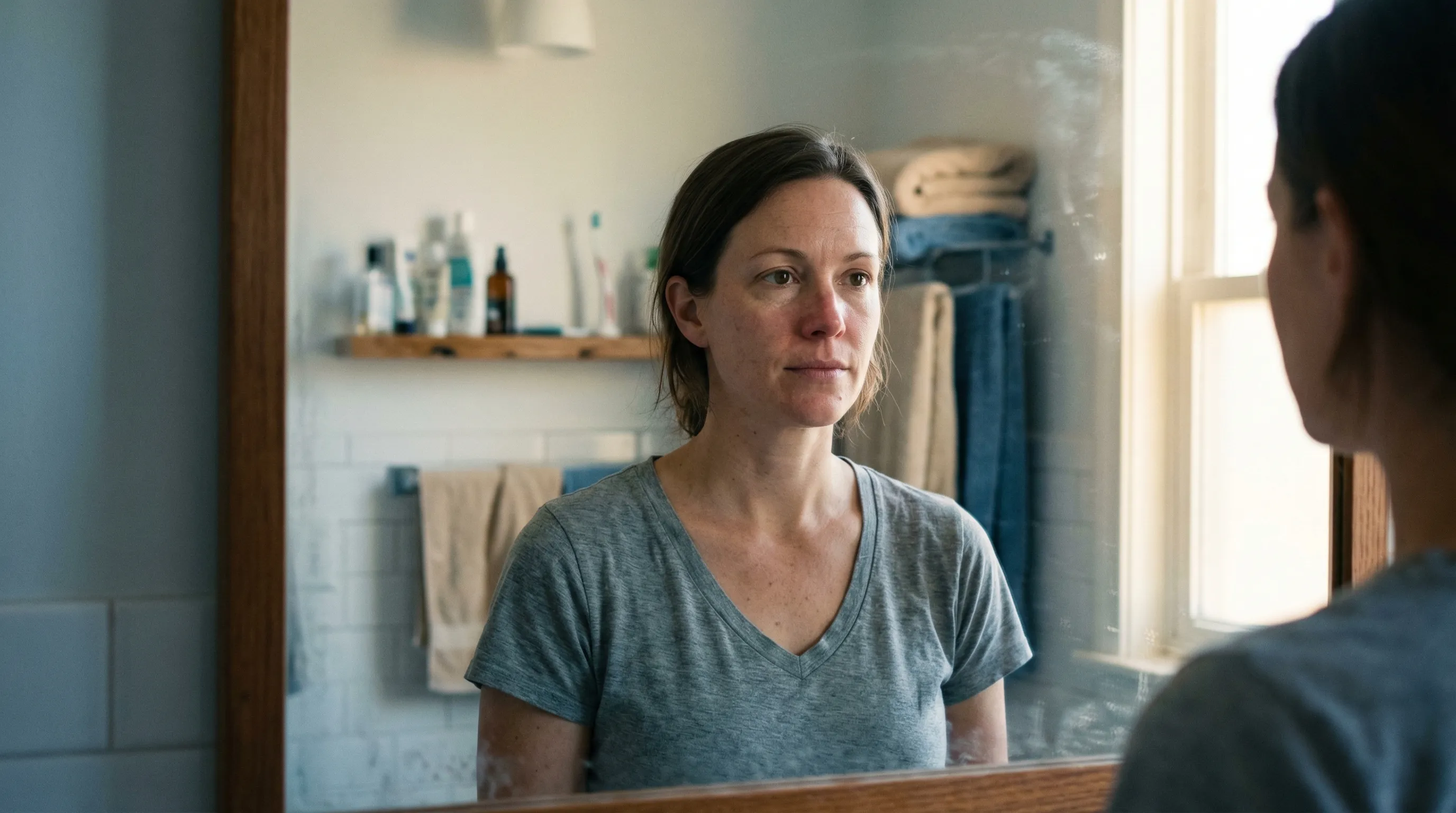 Woman looking at her reflection, contemplating change